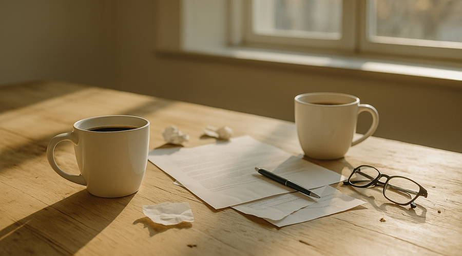 Kaffeetassen auf einem Holztisch mit Blättern und Brille vor einem Fenster