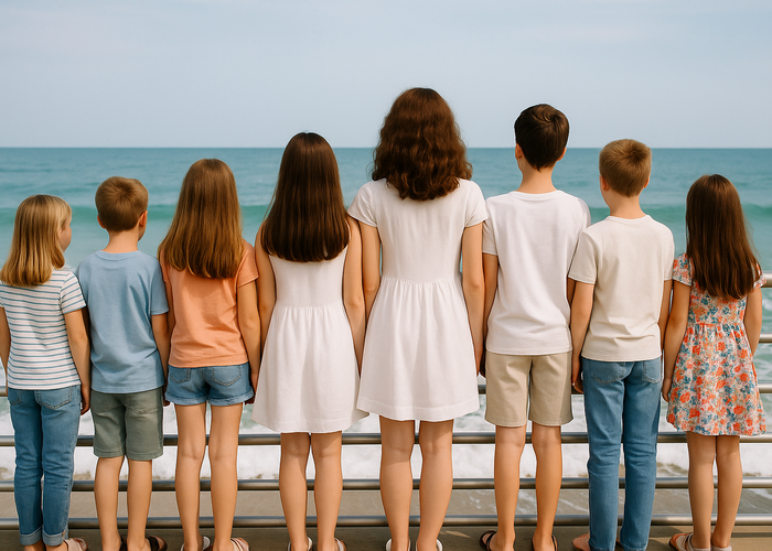 Kinder vorm Meer am Metallgelände. fotografiert von hinten.
