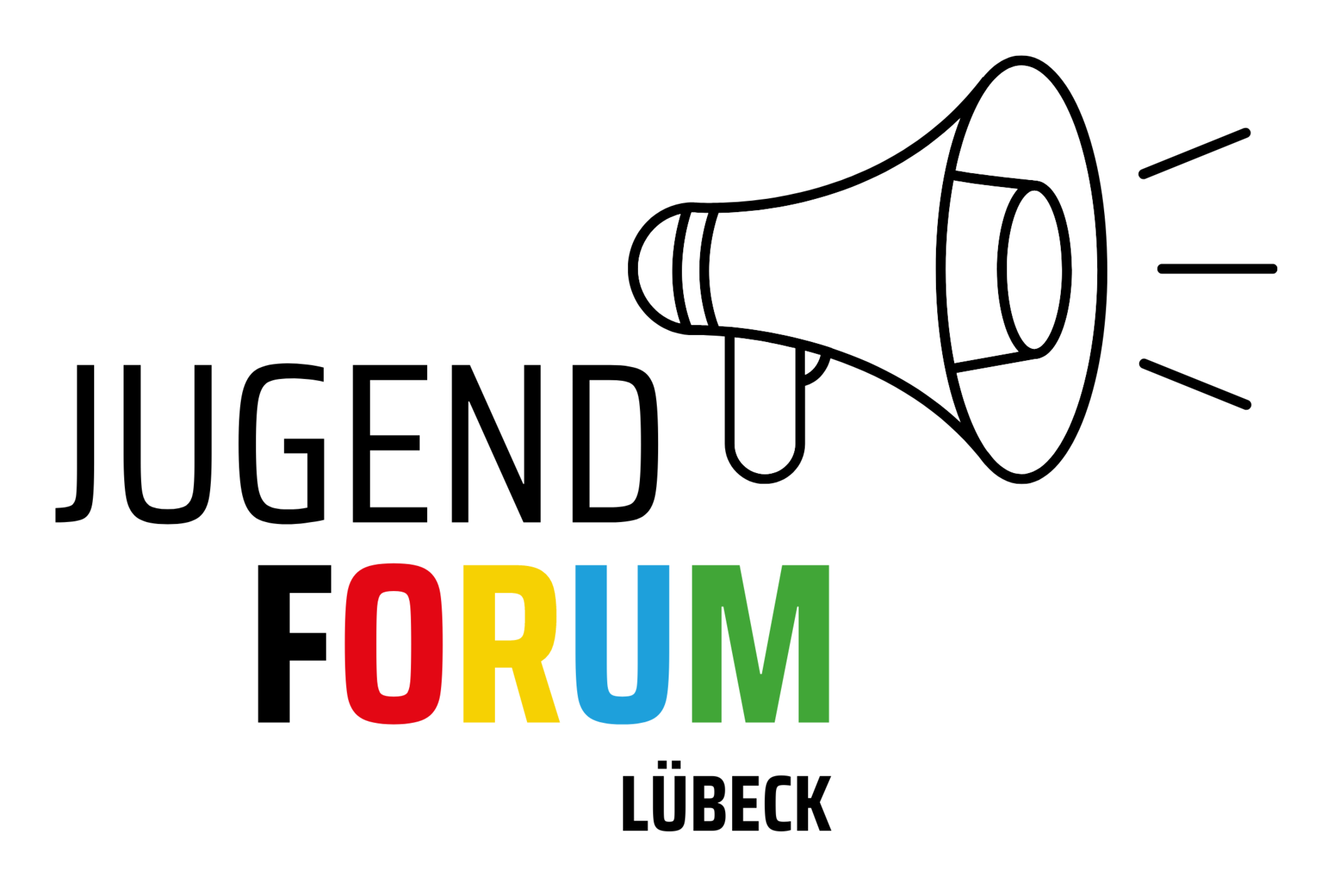 Jugendforum Lübeck, Partnerschaft für Demokratie, Logo: schwarzes Megaphon, buntes Schrift, weißer Hintergrund